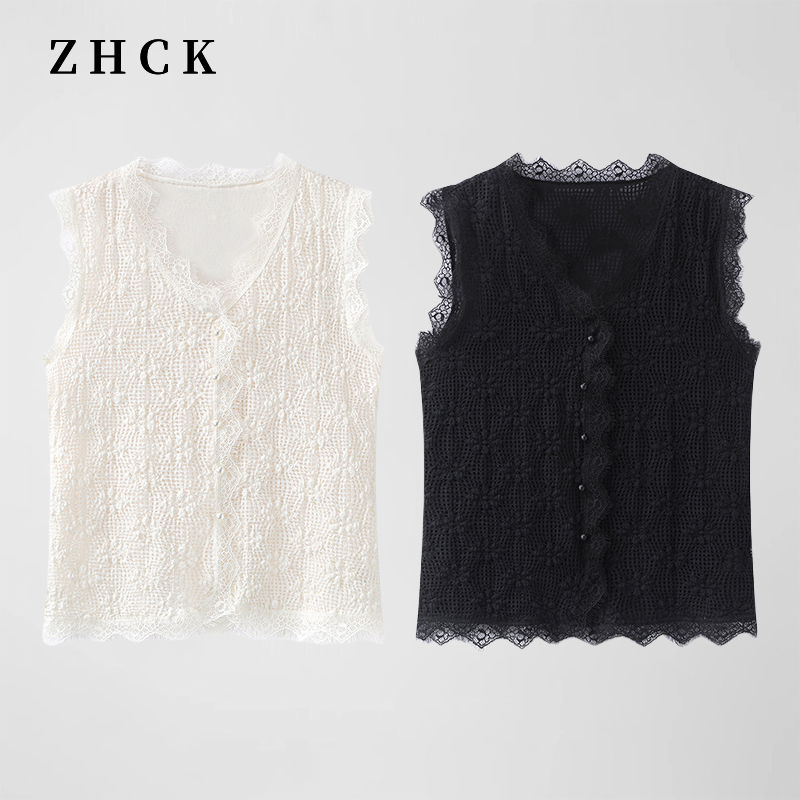 ZHCK夏季新款2025V领蕾丝衬衫背心女无袖内搭时尚百搭显瘦上衣