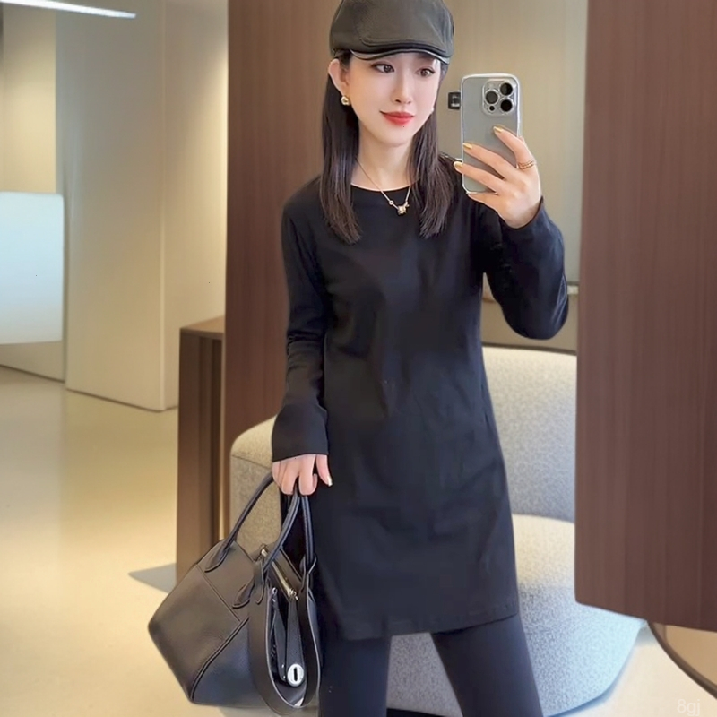 通勤欧货网红纯色时尚洋气中长款慵T恤衫爆款百搭上衣长袖打底衫