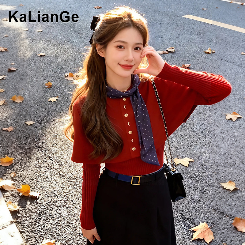 卡莲格/本命年红色穿搭上衣小香风斗篷披肩毛衣针织两件套女秋冬