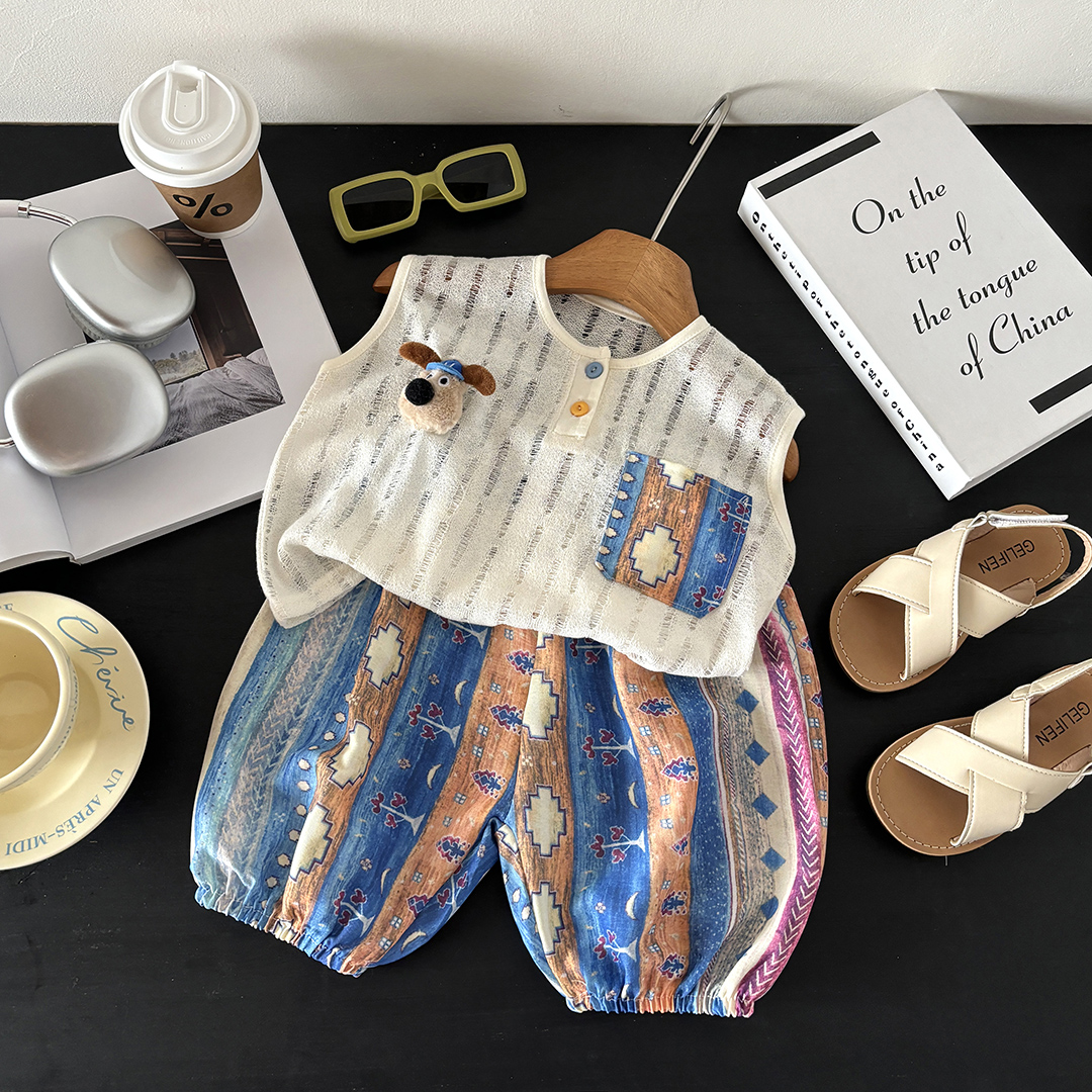 新款夏季儿童无袖背心套装男女童宝韩版透气凉感休闲时尚洋气薄款