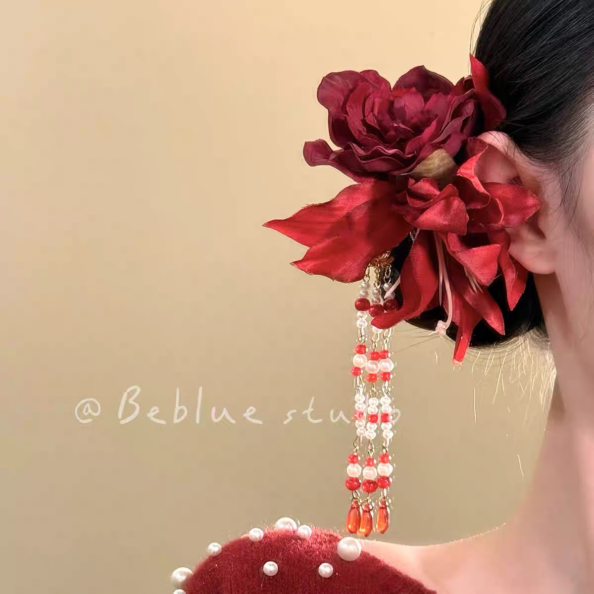 复古新中式红色花朵流苏发簪女发钗古风发饰新年头饰