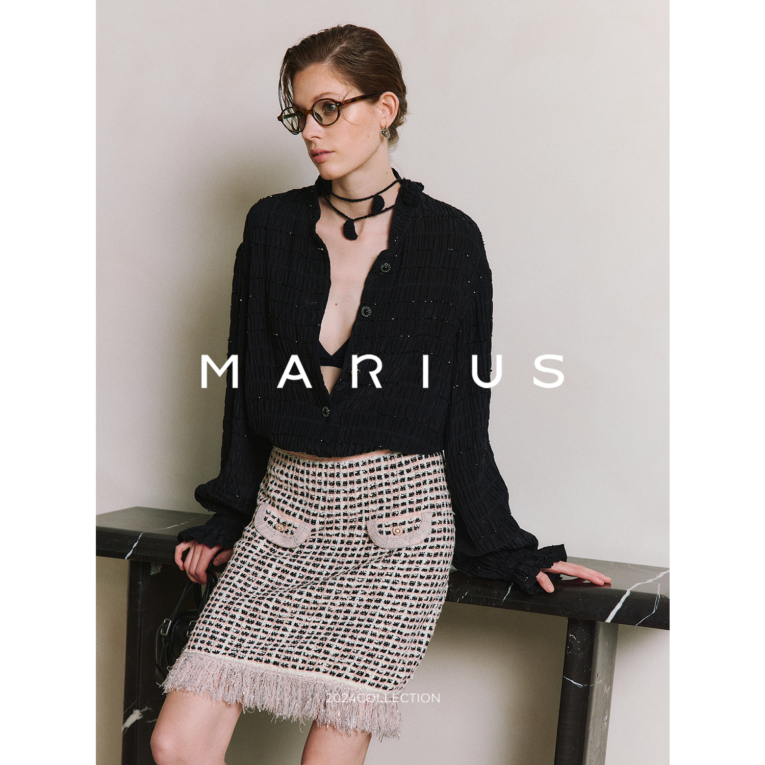 MARIUS“小芭蕾”轻奢压褶水钻衬衫香风吊带连衣裙