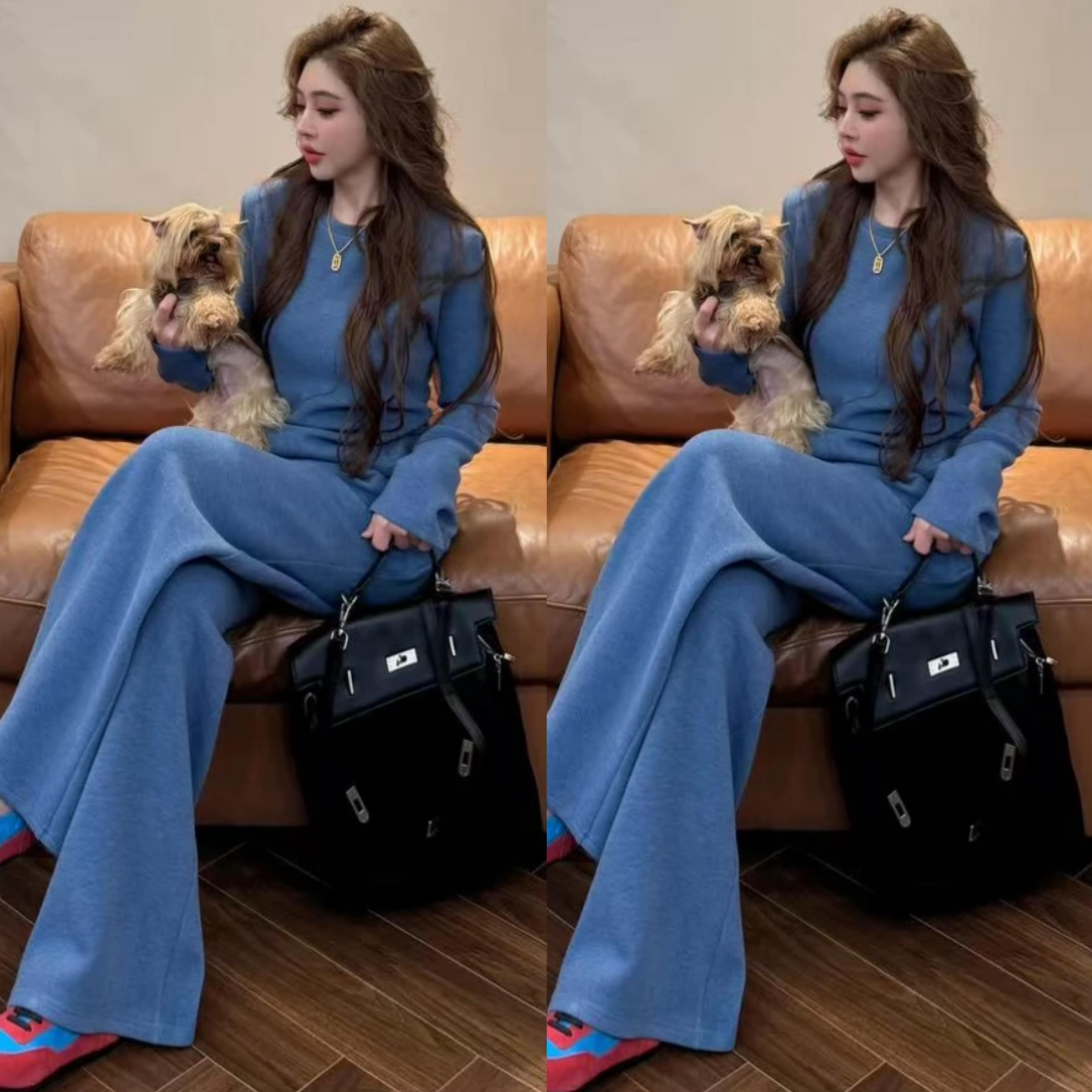 K10 韩系潮流慵懒温柔可爱德绒上衣+时尚宽松德绒卫裤两件套套装