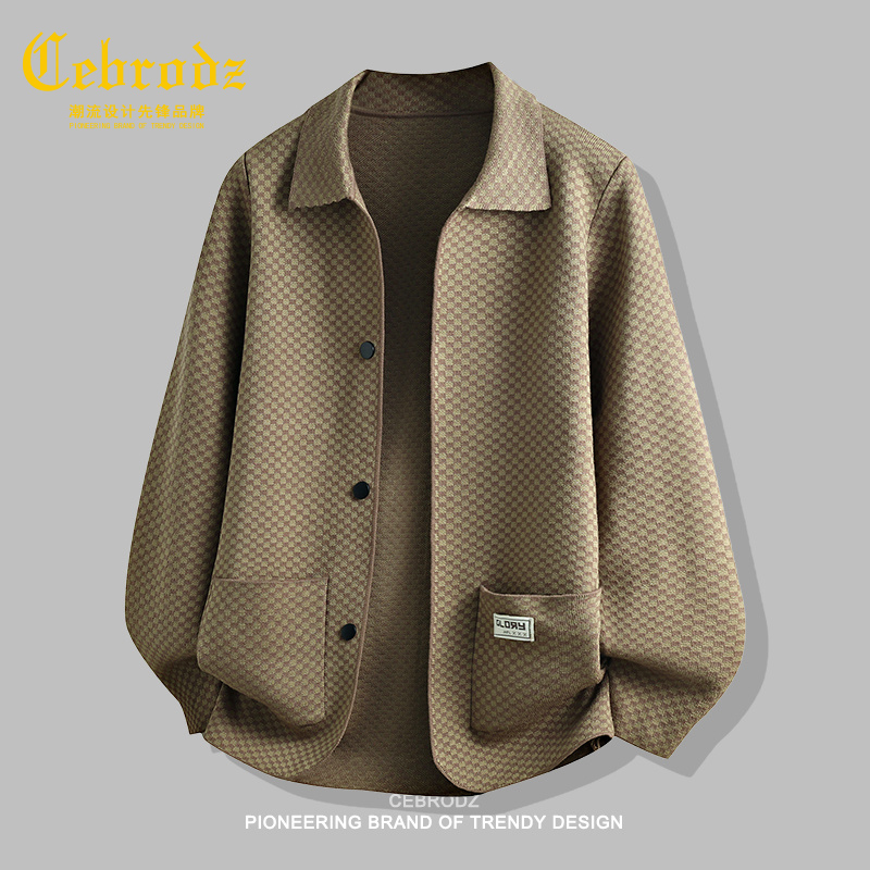 法国Cebrodz格子翻领开衫针织衫男款毛衣外套2025春秋毛衫上衣男