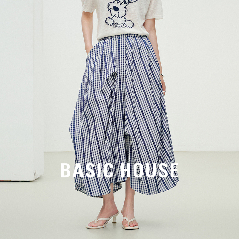 Basic House/百家好高腰遮胯半身裙女夏季新款抽绳梨形A字中长裙