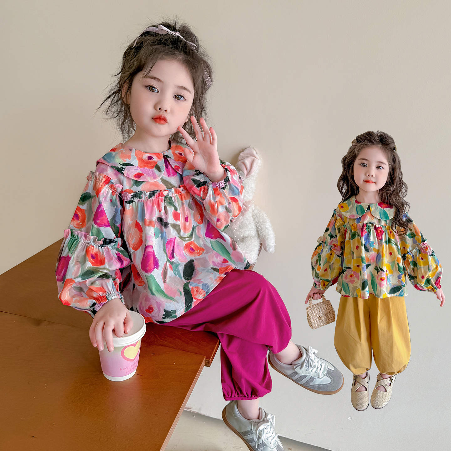 女童蝴蝶结套装洋气森系儿童春秋装女宝宝娃娃衫灯笼裤子两件套潮