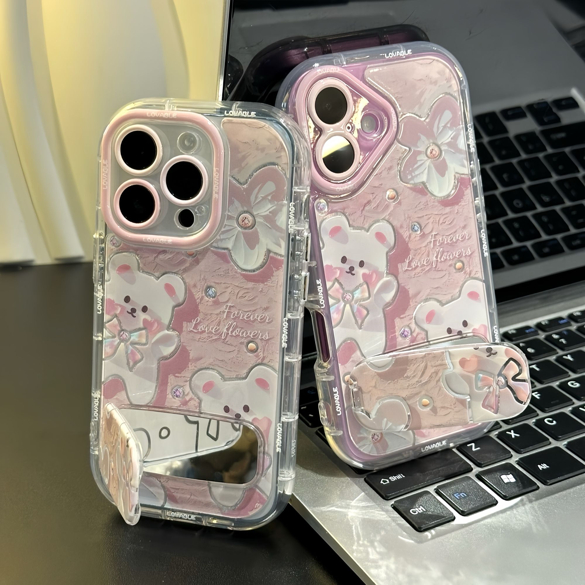 油画小熊镜面支架适用苹果16promax手机壳15小米14vivo华为70oppo