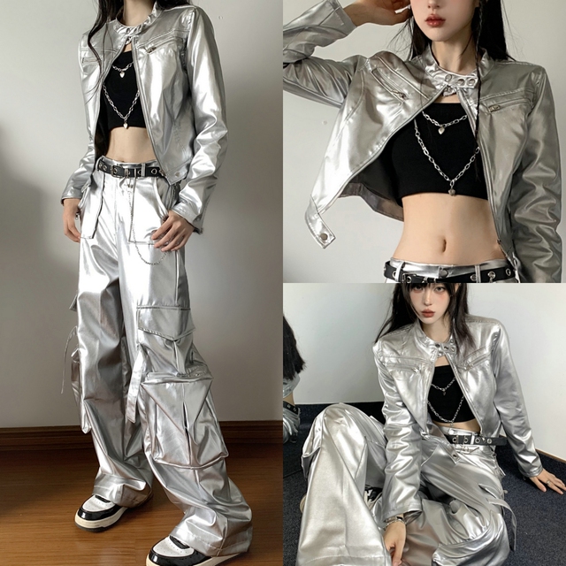 嘻哈爵士舞美式银色外套亮面辣妹皮夹克机车酷帅外套银色裤子套装