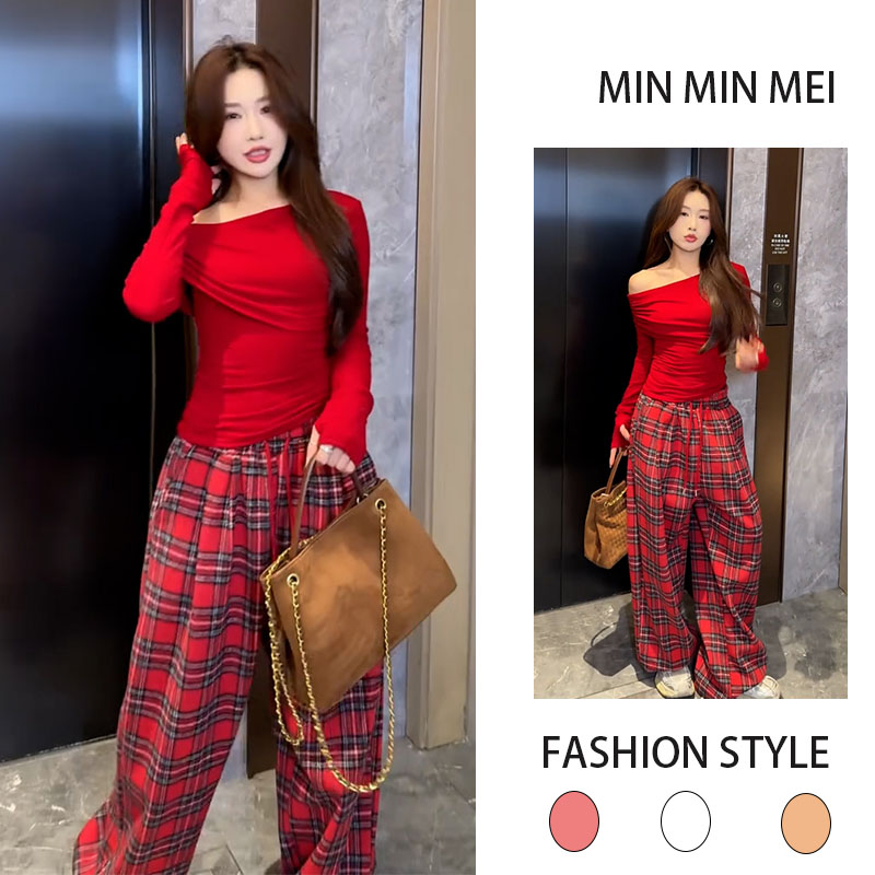 2025年秋冬季时尚穿搭不规则长袖露肩上衣打底衫格子阔腿裤两件套
