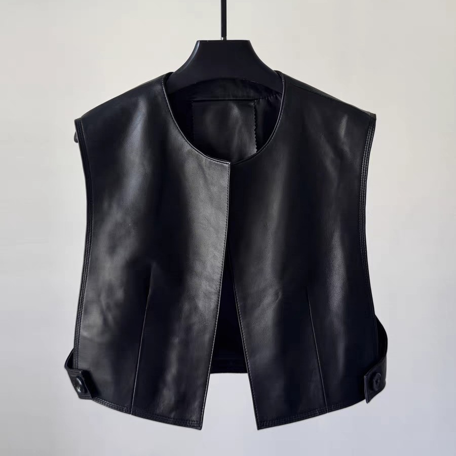 复古圆领黑色无袖PU皮衣马甲女春秋新款简约短款流行时尚潮牌女装