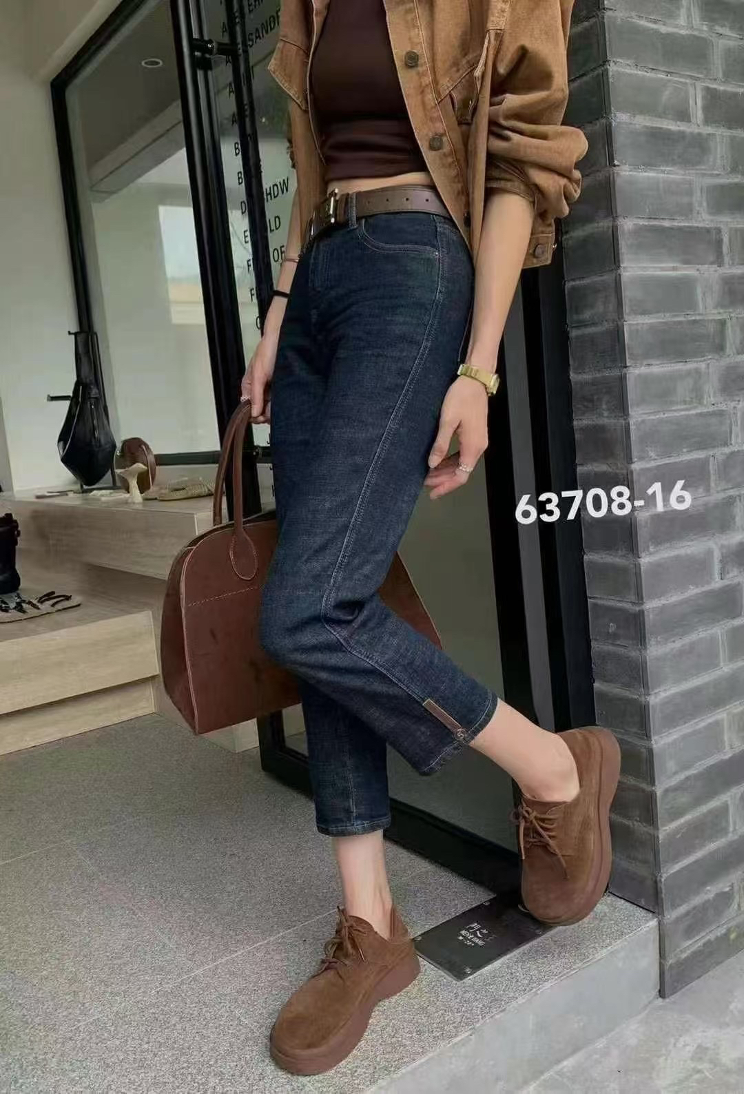 秋季高腰弹力显瘦底装饰烟管裤无腰带