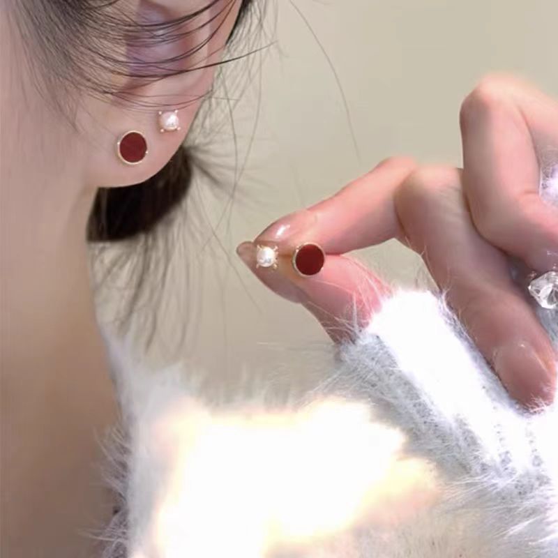 复古港风红色圆形珠珠耳钉四件套耳钉高级感小众轻奢气质耳饰ins