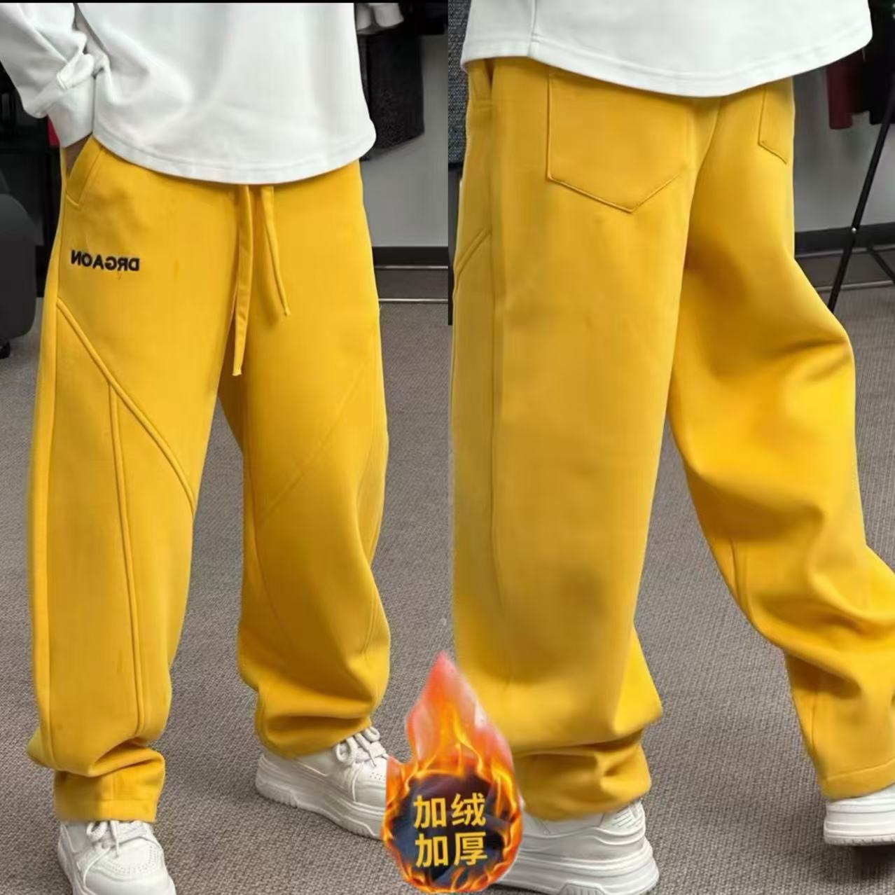 冬季加厚加绒保暖时尚潮流宽松舒适彩色结构弯刀露腿运动裤13036