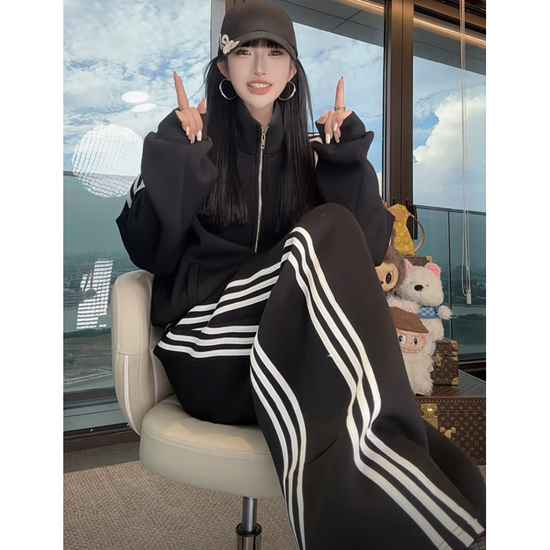 高级感百搭三条杠外套秋季潮流风宽松拉链立领卫衣外套裤子两件套