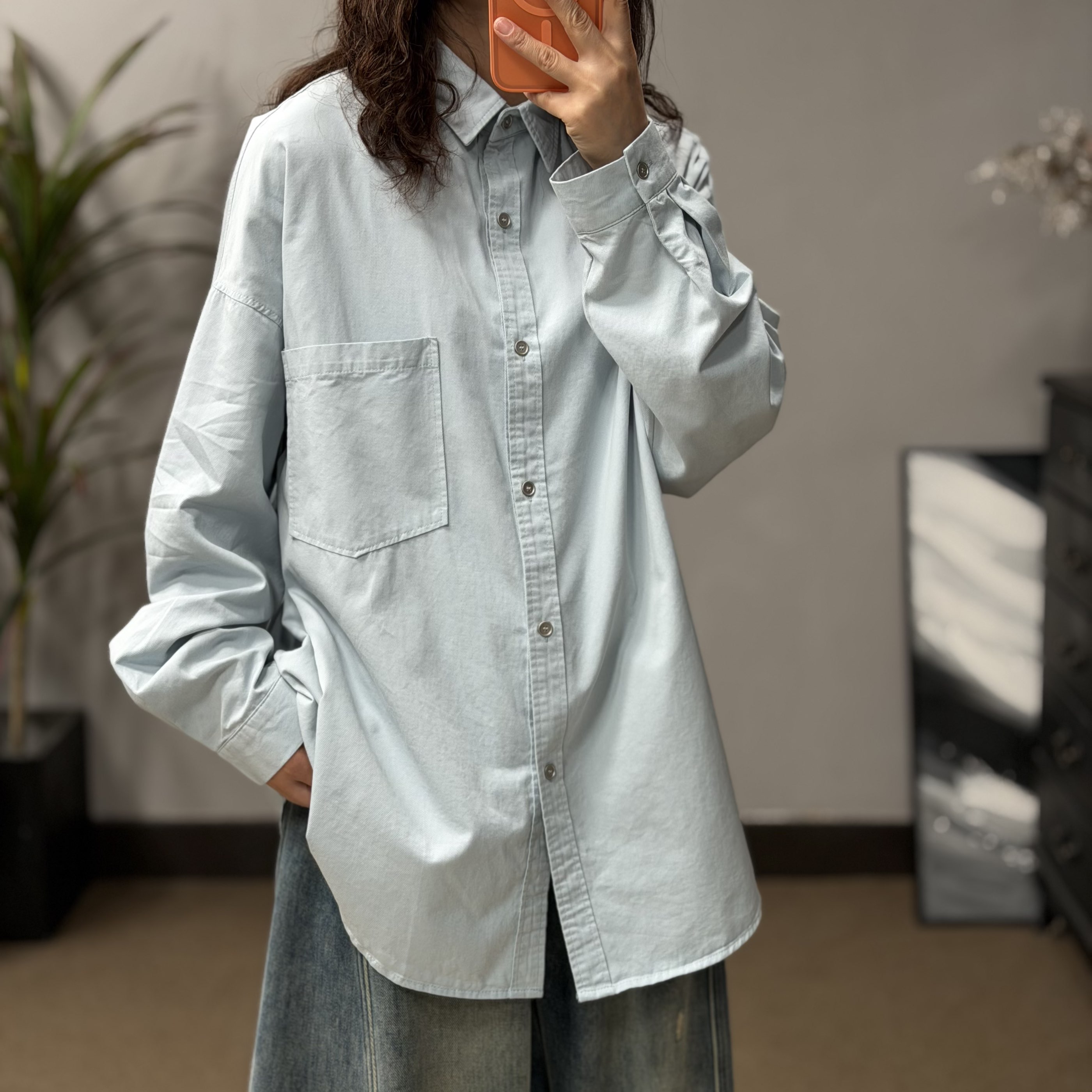 85353休闲百搭简约衬衫复古小众小众宽松纯色设计感长袖衬衣韩版.