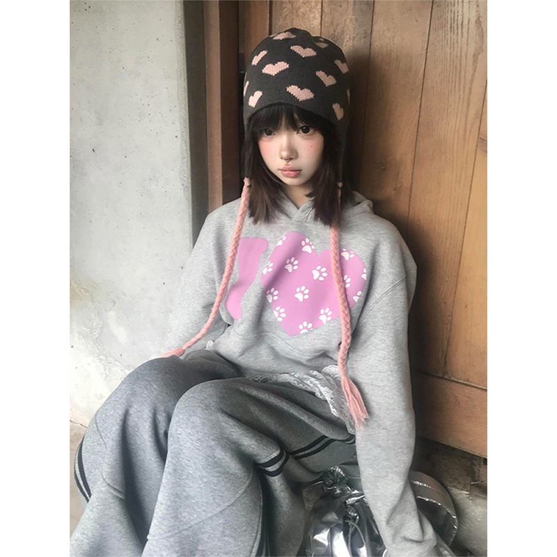 美式复古连帽卫衣女秋季爱心狗爪印花长袖t恤慵懒风宽松休闲上衣