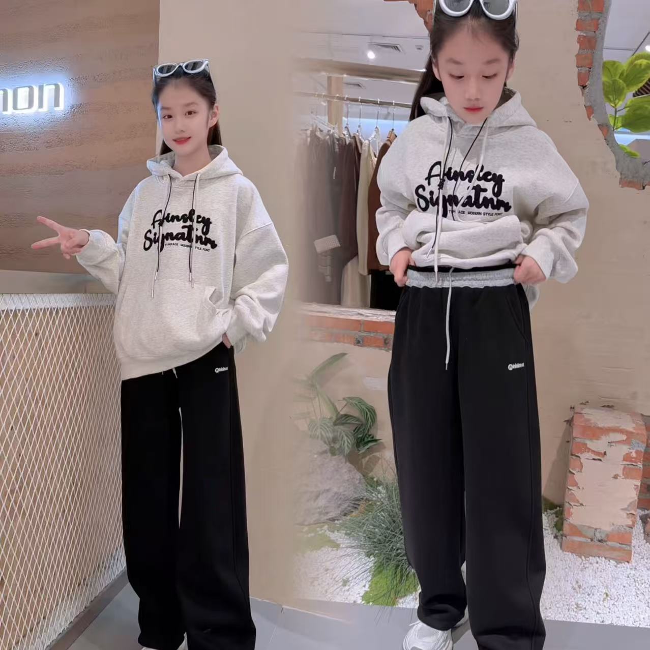 女童秋冬款加绒字母卫衣牛仔裤套装中大童加厚连帽保暖上衣两件套