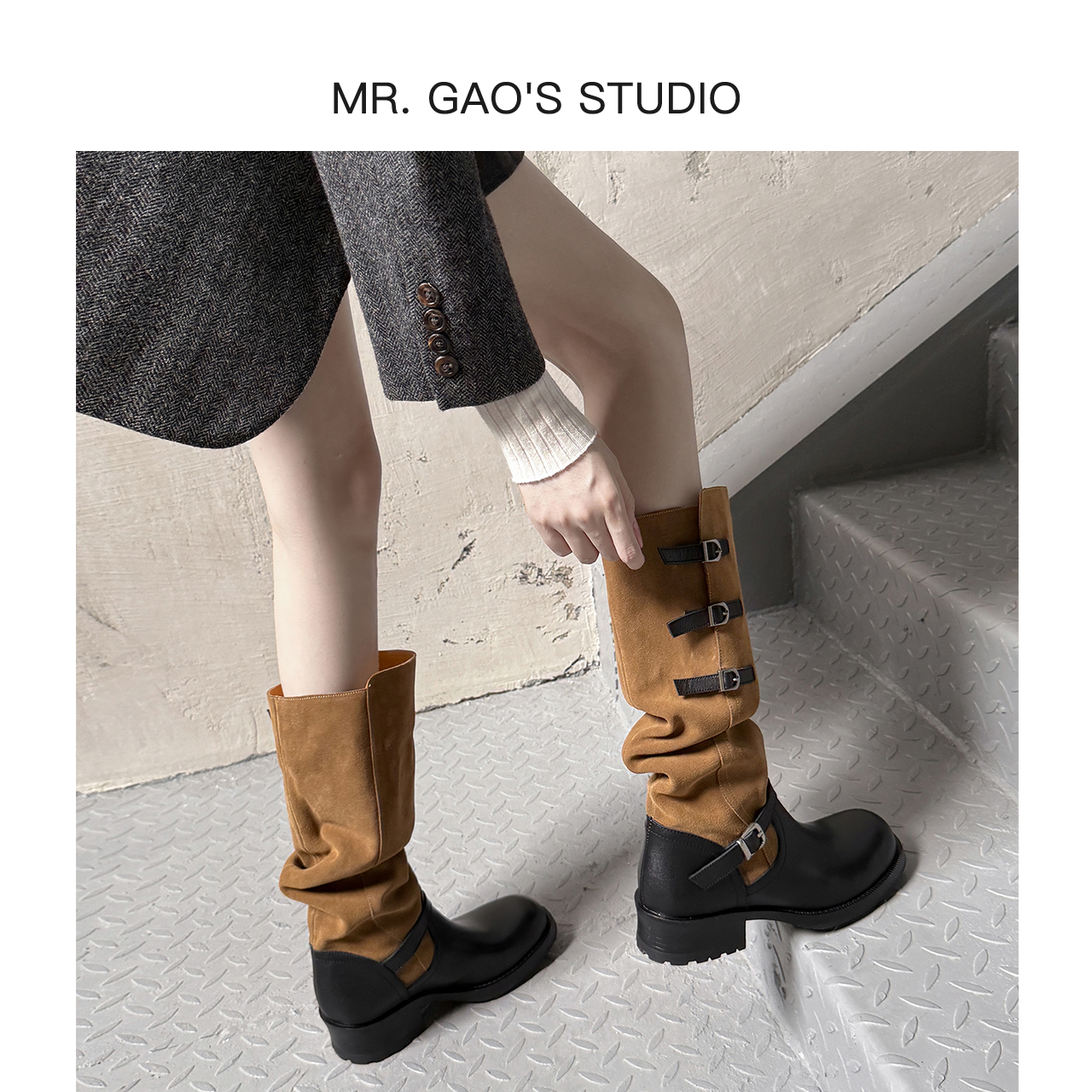 4cm秋冬新款厚底粗跟时装靴高筒长靴牛仔靴复古真皮圆头时尚女靴