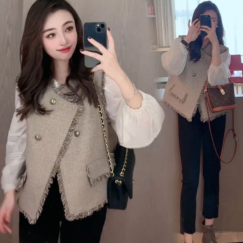 小香风流苏马甲女2025春季新款小个子背心外穿叠穿法式衬衫上衣潮