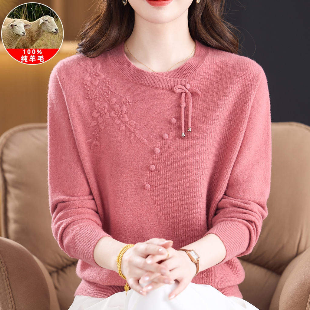 妈妈时尚秋装套头打底衫100%纯羊毛衫中老年人秋冬新款保暖毛衣女