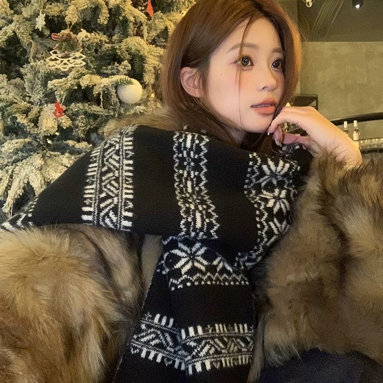 韩系复古费尔岛风双面针织围巾女冬季新款氛围感加厚保暖护颈围脖