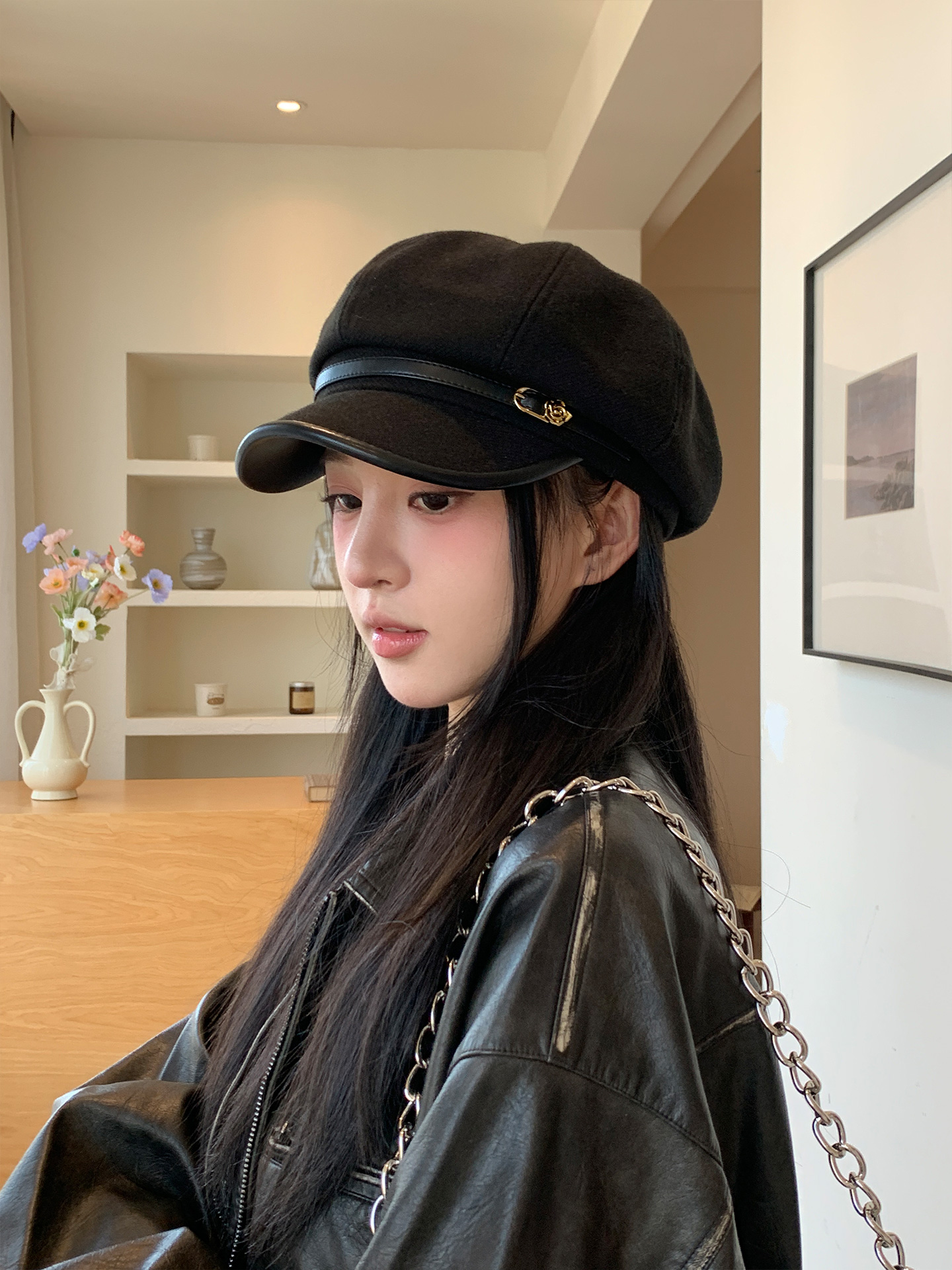 日系复古文艺风黑色鸭舌贝雷帽女休闲百搭气质显脸小八角云朵帽子