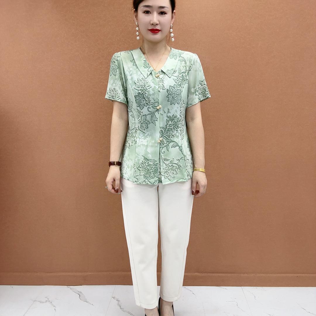 母亲节90%纯色中老年女装小衫T恤雪纺衫妈妈装修身型印花中年时尚