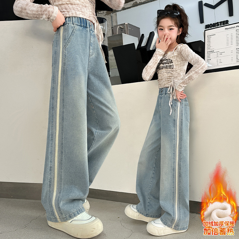 女童牛仔裤加绒加厚秋冬装洋气儿童中大童阔腿裤直筒冬季保暖裤子