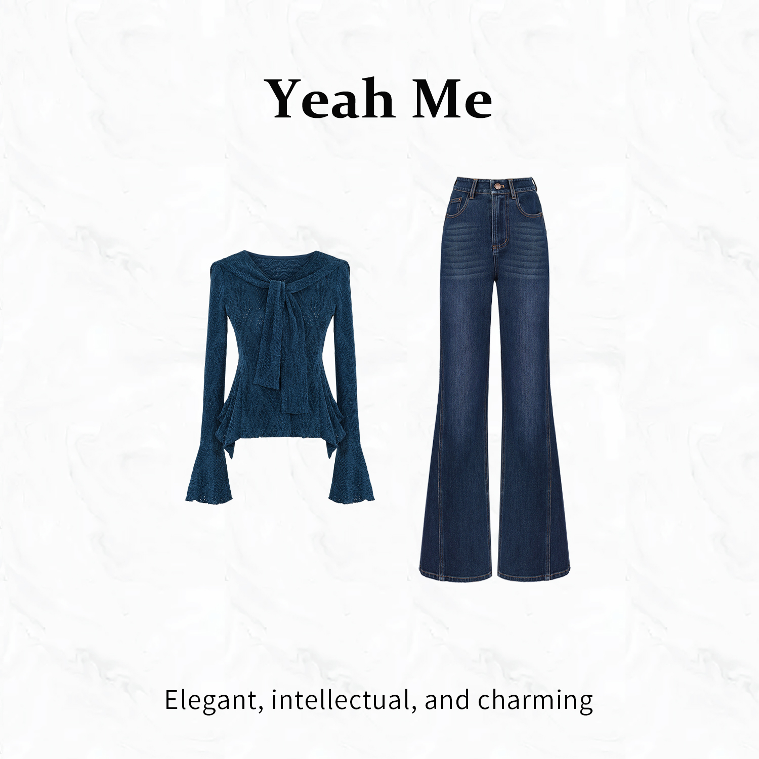 Yeah me/也觅【谜蓝学姐】秋冬时尚高级感穿搭上衣微喇裤两件套装