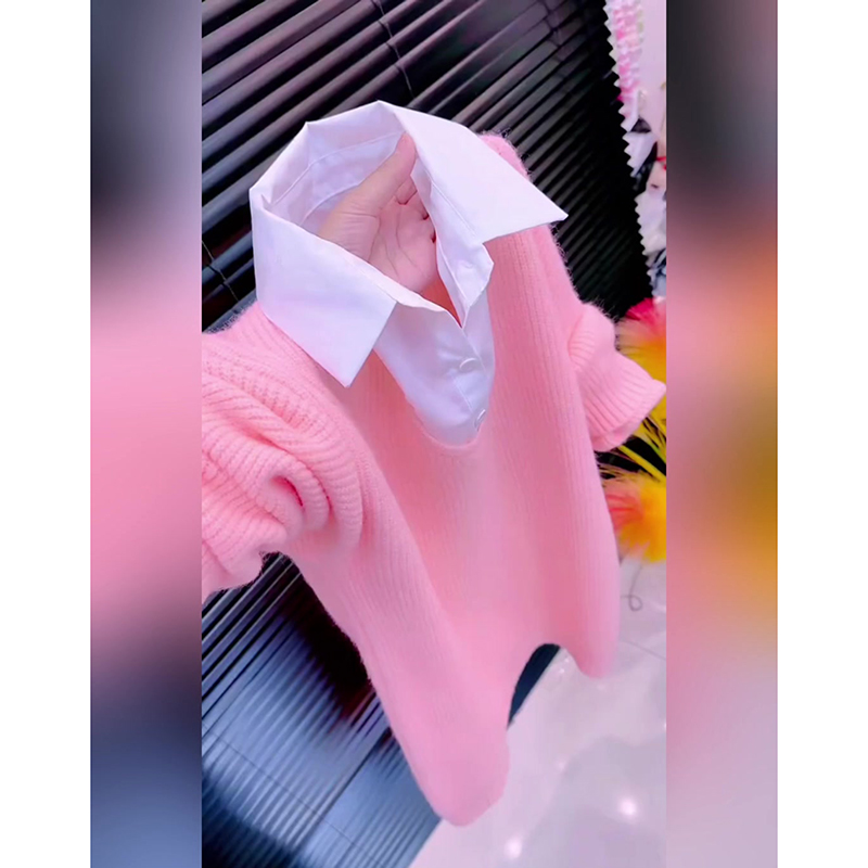 2025秋季温柔慵懒气质假两件针织衫女小个子大码宽松显瘦百搭毛衣