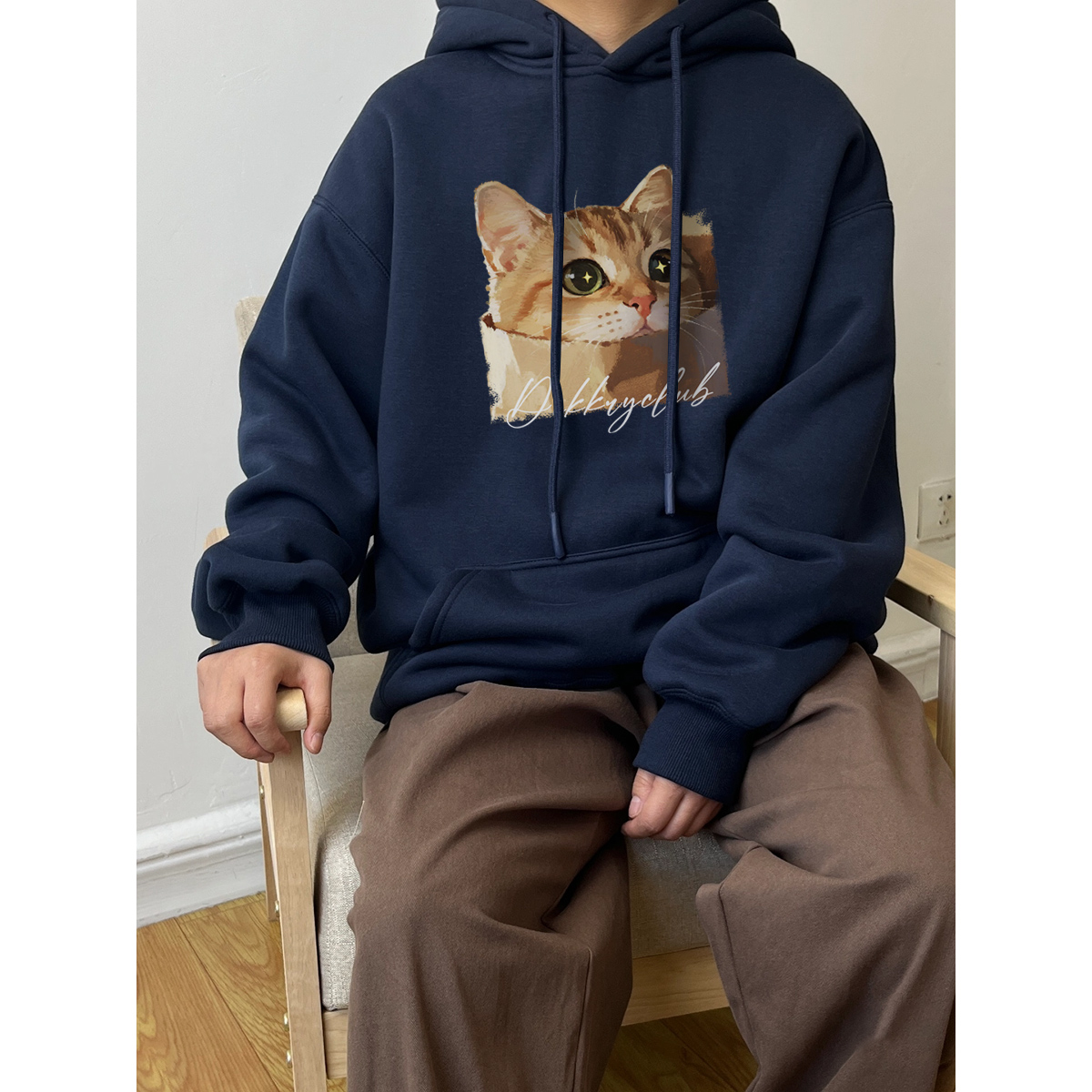 美式创意趣味可爱猫咪印花宽松连帽卫衣男女秋冬季休闲情侣款上衣