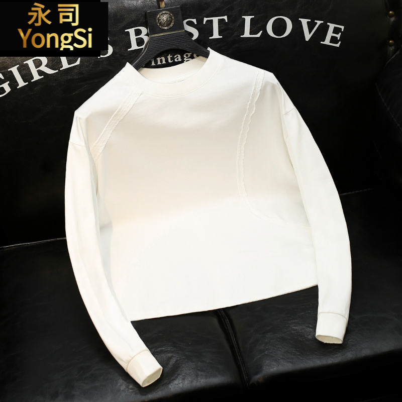 美式潮牌宽松圆领卫衣男士青年设计感百搭纯色休闲长袖T恤高端潮t