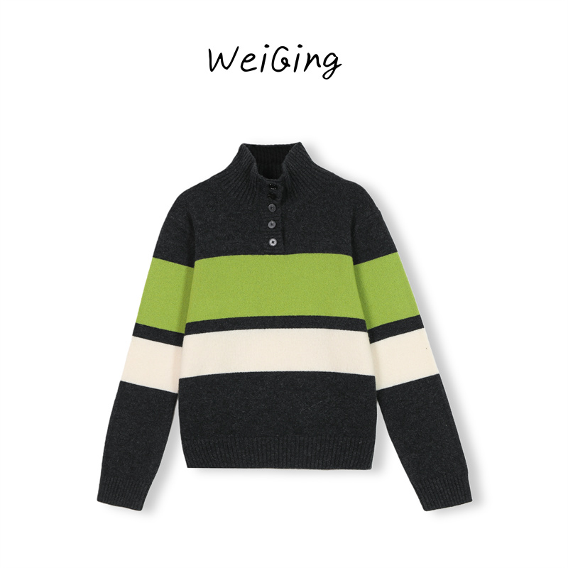 【丹姐家~立领绿条纹】100%羊毛！不可机洗！韩系通勤风宽条纹针织