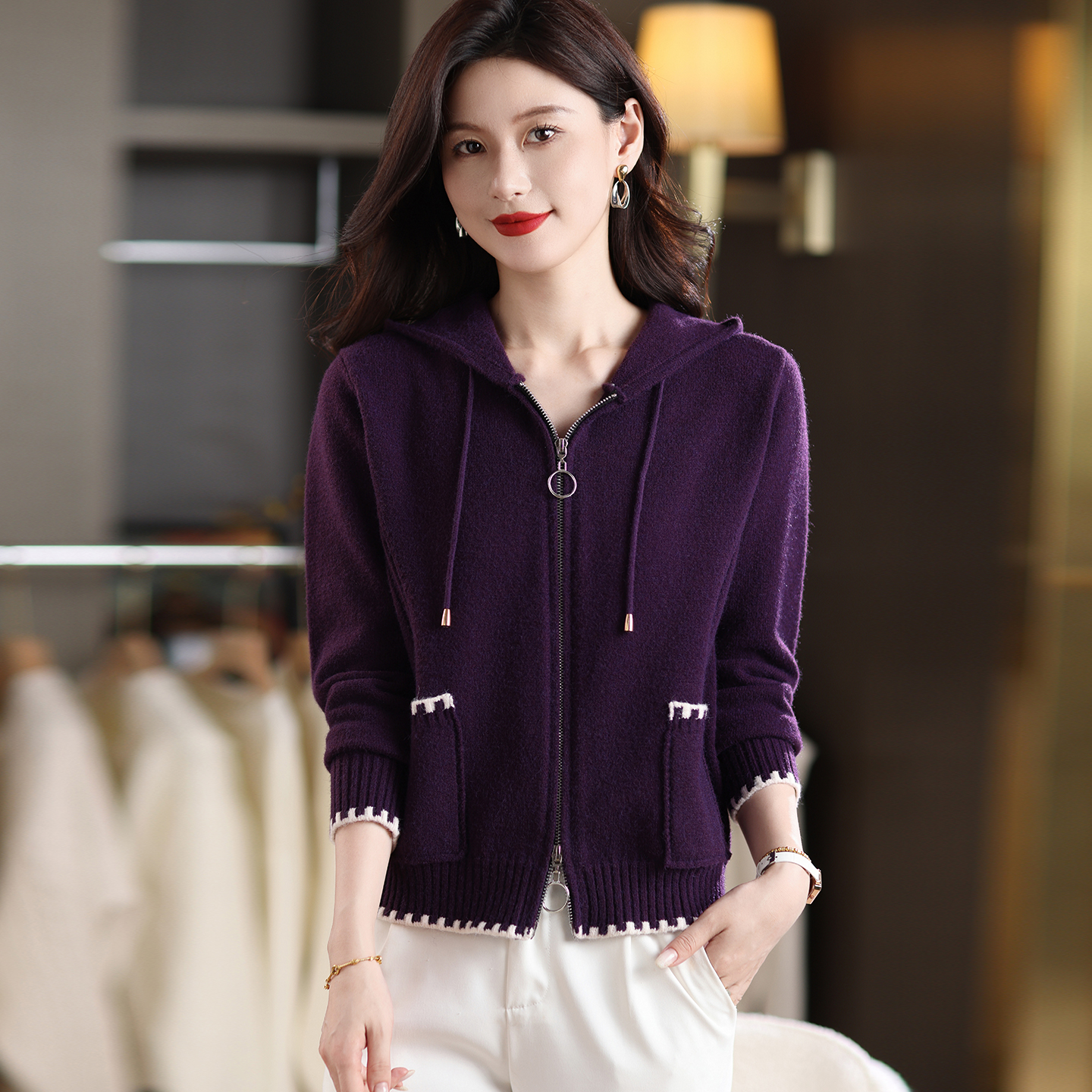 连帽长袖拉链针织衫外套女秋季2025新款女装大码休闲时尚毛衣开衫