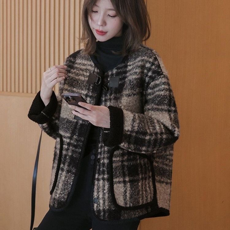 格子撞色气质仿羊羔毛加绒外套女秋冬季新款韩版宽松显瘦毛呢大衣