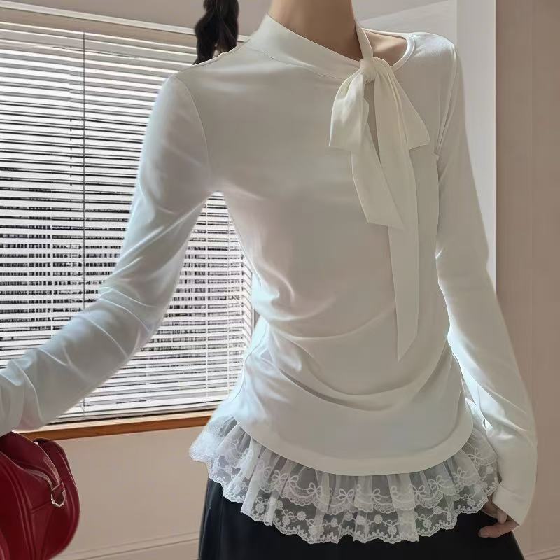 白色秋冬磨毛打底衫女纯欲风T恤蝴蝶结长袖气质蕾丝洋气修身上衣