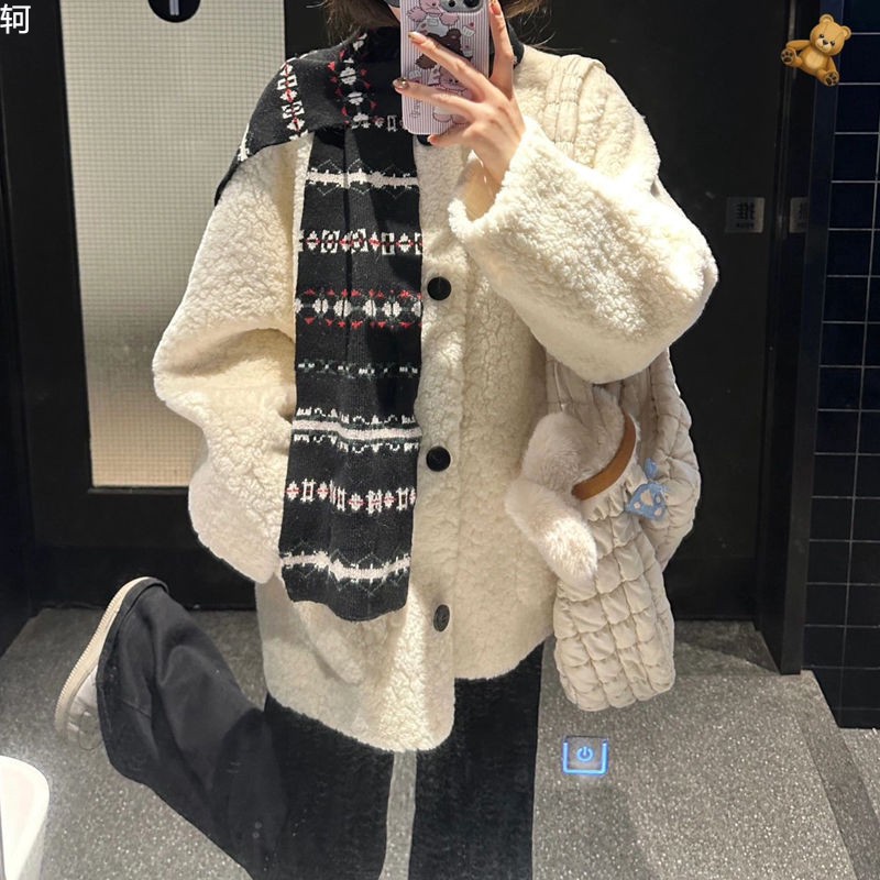 韩系高级感羊羔毛外套女学生秋冬季新款宽松百搭保暖皮毛一体棉服