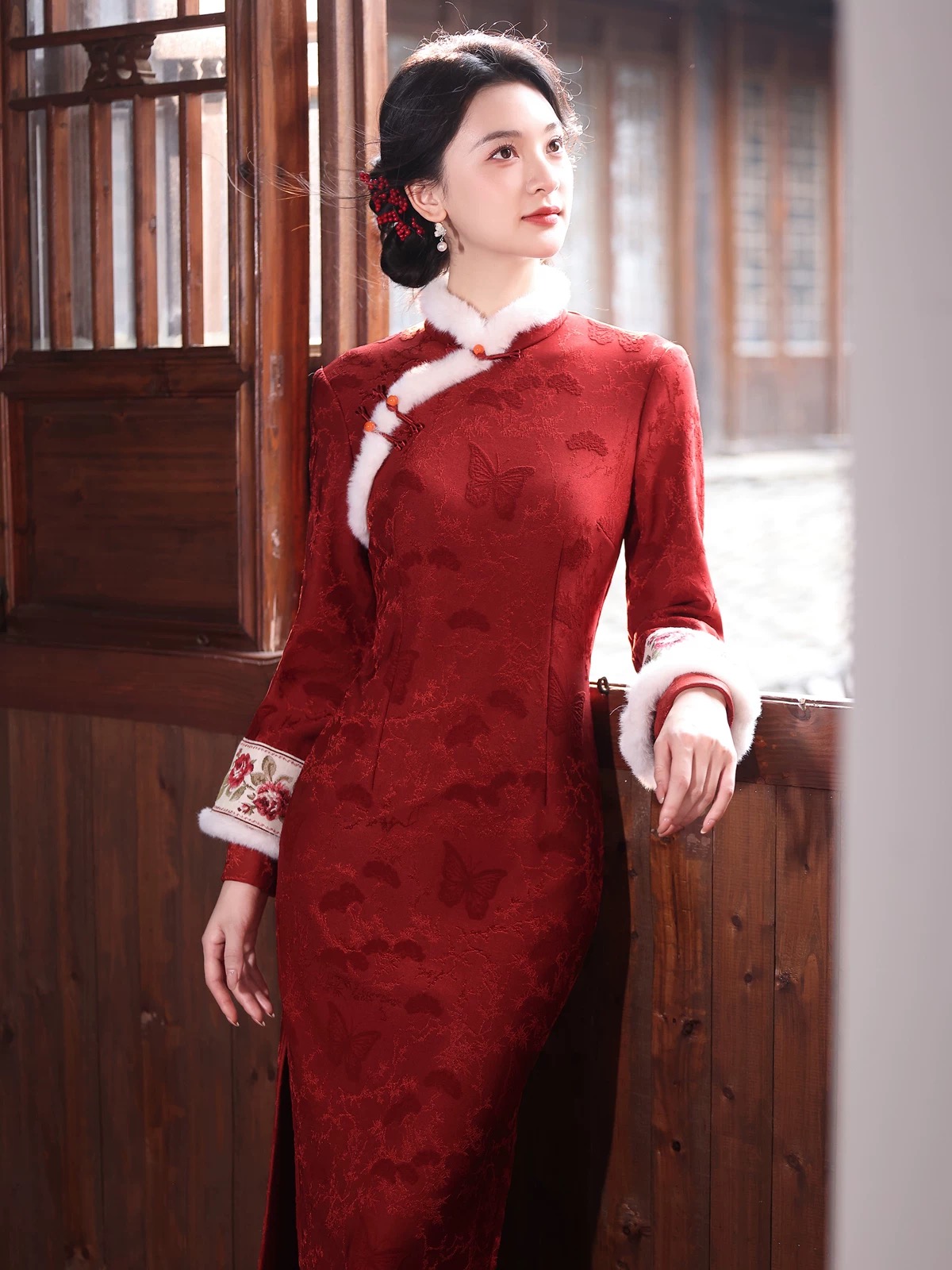 旗袍新中式敬酒服新款改良红色长袖气质订婚连衣裙女日常可穿