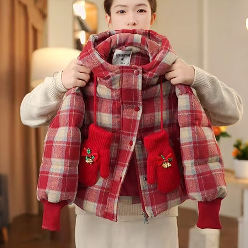 女童冬季加厚保暖红色格纹棉服2025新款女孩洋气韩系百搭连帽外套