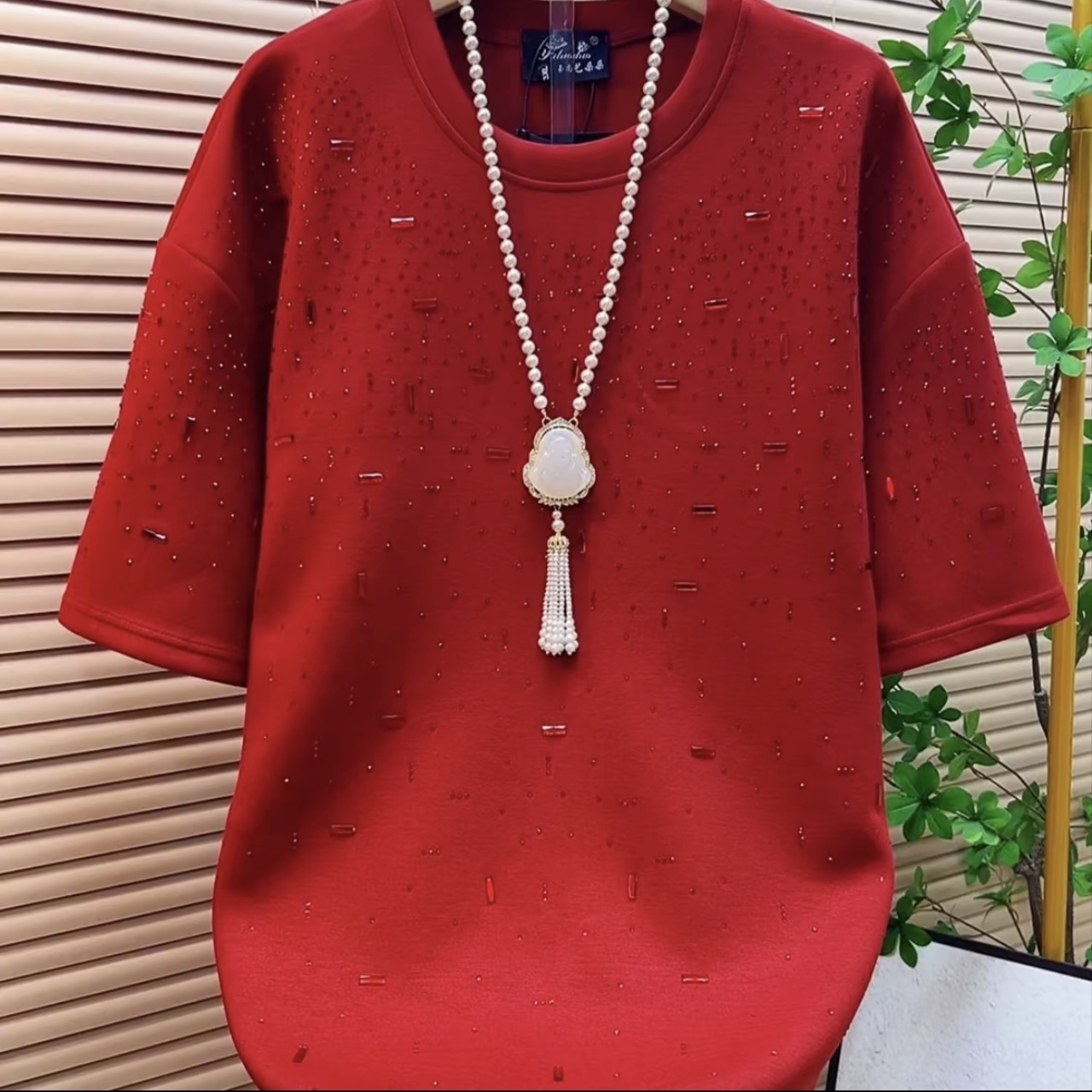 大码T恤宽松手工串珠常规款重工短袖字母圆领秋冬款33019