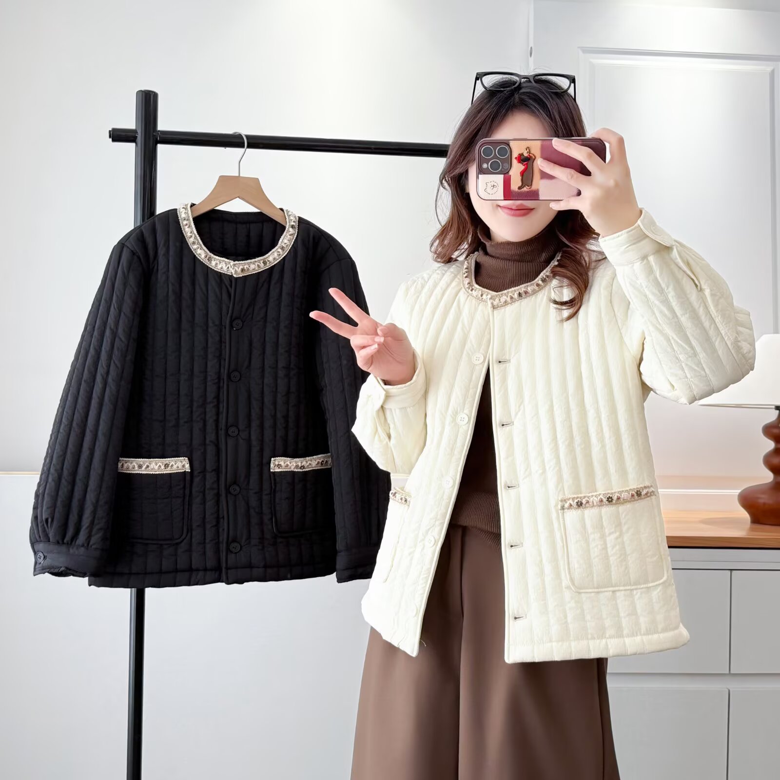 200斤胖mm棉衣加厚女外套圆领秋冬大码女士小香风拼接棉服保暖