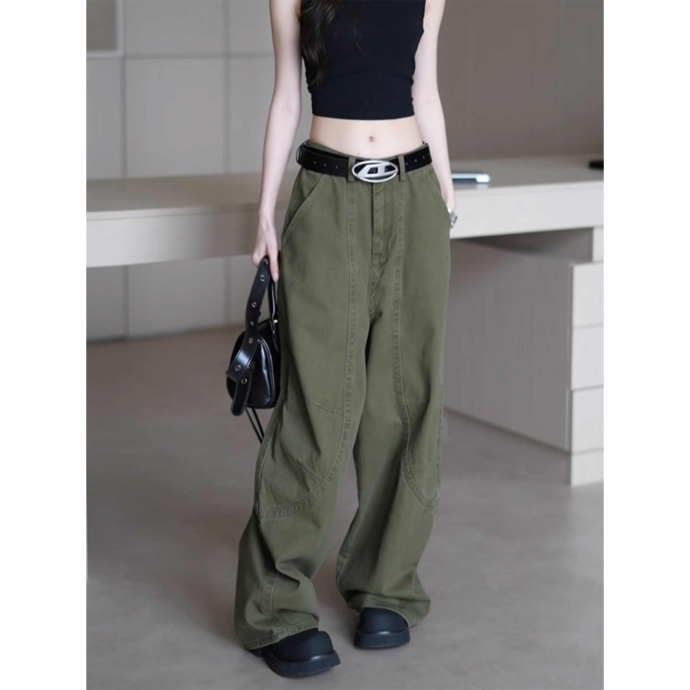 美式复古军绿色弯刀牛仔裤女冬季2025年新款低腰宽松直筒阔腿裤子