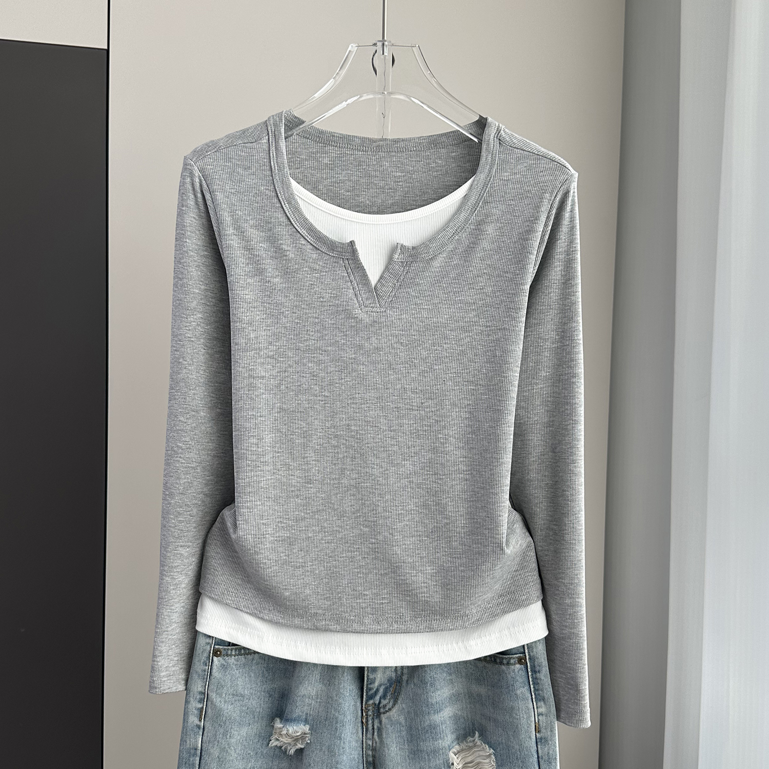 假两件正肩长袖T恤大码女装春秋欧货新款遮肉显瘦内搭打底衫上衣