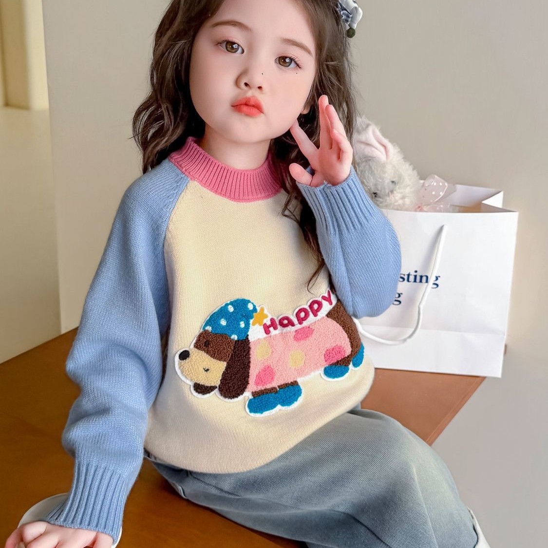 女童毛衣2025新款秋冬装刺绣小狗加厚百搭毛衣针织衫洋气圆领