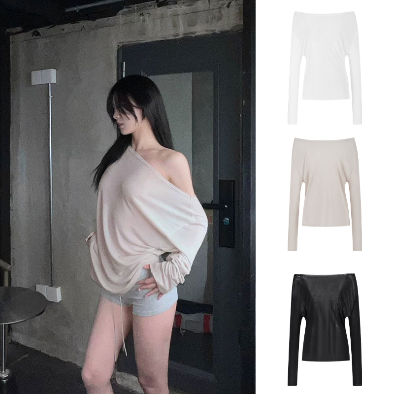 Moses Queen/魔西女王莱赛尔长袖T恤女秋季宽松斜肩百搭防晒上衣