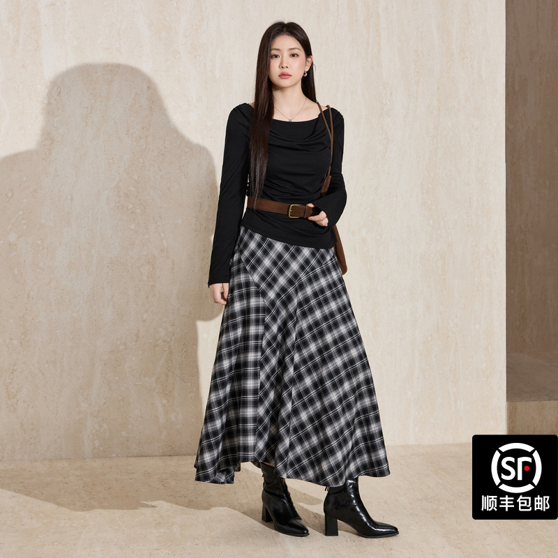 蓝语大码女装气质不规则设计格子半身裙2025秋季新款高腰显瘦长裙