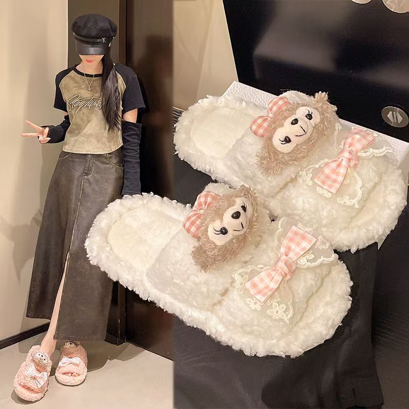 奶呼呼可爱雪莉玫毛绒绒拖鞋女秋冬季居家软底舒适防滑卡通毛毛拖