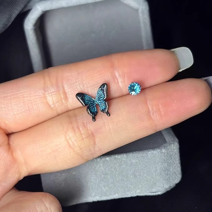 合金耳饰 永夜蓝色蝴蝶耳钉女耳简约骨钉精致小巧小清新耳钉耳饰