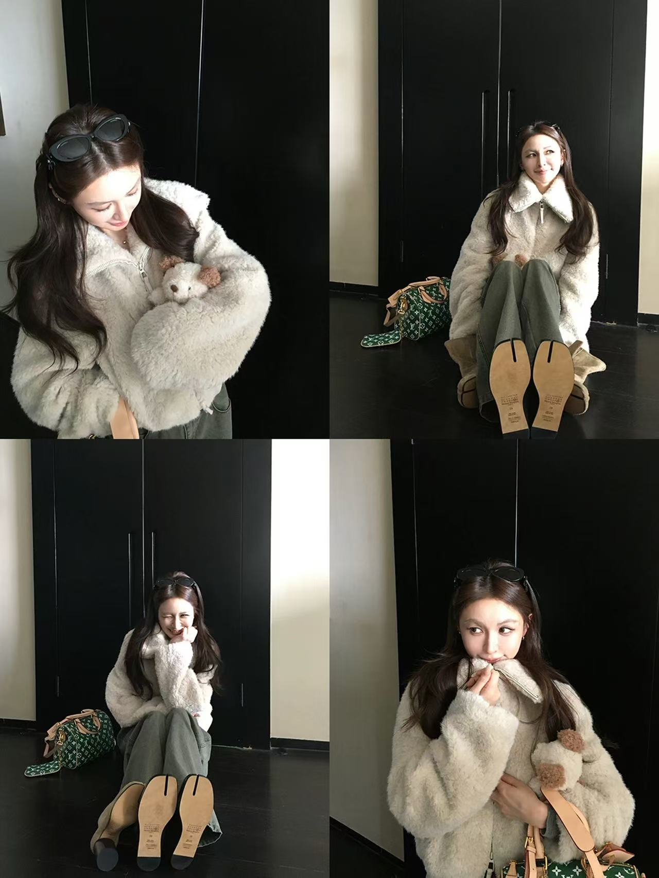 女长款圆领中长款包袖小香风秋冬毛毛外套