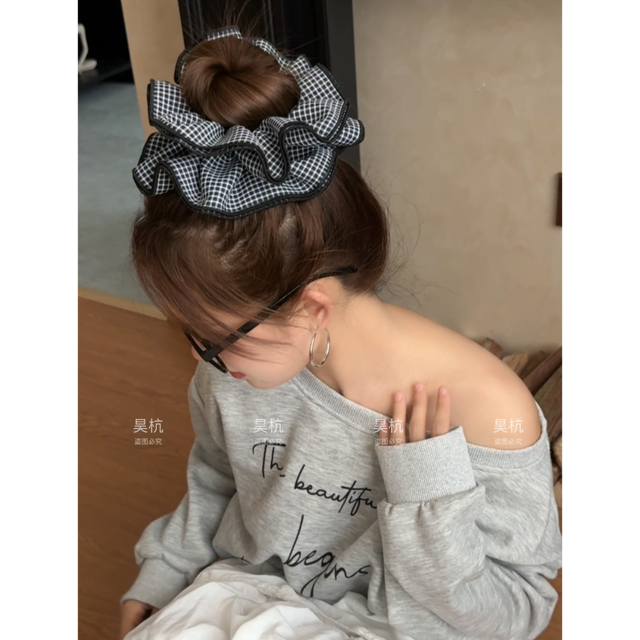 许妍同款慵懒感黑色格子双层大肠发圈超大头花韩系头绳低马尾发饰